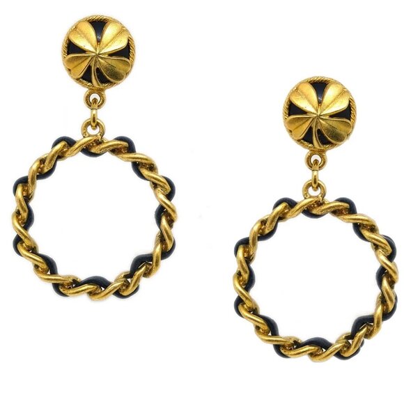 Chanel Hoop Dangle Earrings Clip-On Gold Black 94C 191707 - Picture 1 of 4